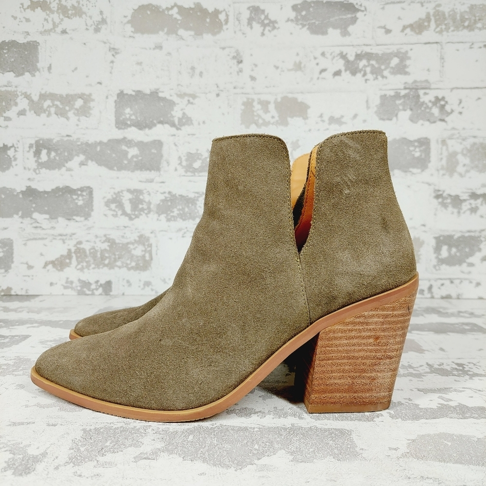 New Lisa Vicky Kicky Dark Olive Split Suede Block Heel Ankle Booties A226